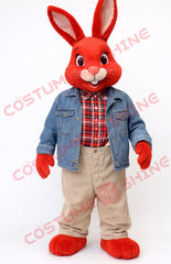 Red Rabbit Mascot Costume with Denim Jacket – Adult Mascot Suit