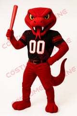 Red Snake Mascot Costume with Black Sports Uniform and Bat