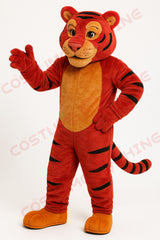 Reddish Orange Tiger Mascot Costume with Black Stripes and Orange Paws