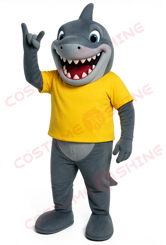 Shark Mascot Costume Grey Cartoon Outfit with Yellow Shirt