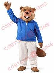 Tan Beaver Mascot Costume with Royal Blue Jacket & White Pants