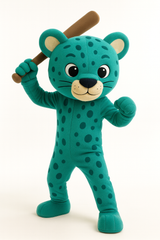 Teal Jaguar Mascot Costume – Baseball Bat Pose Plush Character Suit