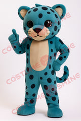 Teal Jaguar Mascot Costume Pointing Up – Plush Full-Body Animal Suit