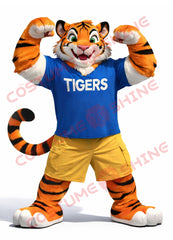 Adult Tiger Mascot Costume with Blue T-Shirt and Yellow Shorts