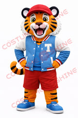 Adult Tiger Mascot Costume – Sporty Varsity Jacket School Mascot