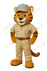 Tiger Mascot Costume for Adults in Ranger Uniform with Gray Cap