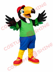 Toucan Parrot Mascot Costume Adult with Green Shirt and Sports Outfit