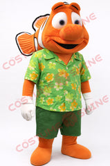Orange Clownfish Mascot Costume with Green Hawaiian Shirt for Adults