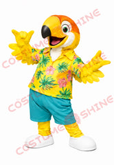 Tropical Parrot Mascot Costume Adult with Yellow Hawaiian Shirt