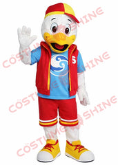 White Duck Mascot Costume Adult with Red Blue Outfit
