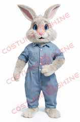 White Rabbit Mascot Costume Adult Plush Denim Overalls