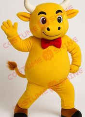 Yellow Bull Mascot Costume with Red Bow