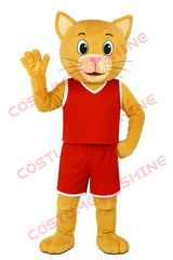 Yellow Cat Mascot Costume in Red Basketball Uniform – Plush Suit