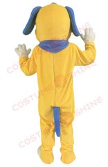 Smiling Yellow Dog Mascot Costume Character with Blue Ears and Scarf