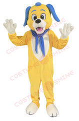 Smiling Yellow Dog Mascot Costume Character with Blue Ears and Scarf