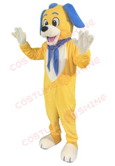 Smiling Yellow Dog Mascot Costume Character with Blue Ears and Scarf