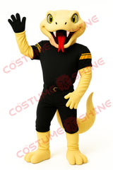 Yellow Snake Mascot Costume with Black Sports Outfit and Red Tongue