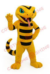 Yellow Snake Mascot Costume with Black Stripes and Red Tongue