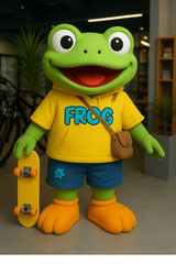 Cute Frog Mascot Costume for Adults Wearing Yellow Sweatshirt, Denim Shorts, and a Fun Messenger Bag