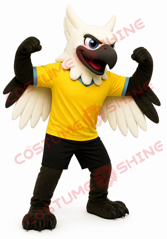 Gryphon Griffin Mascot Costume with Yellow Shirt – Custom Plush Bird Suit for School Sports Team Events