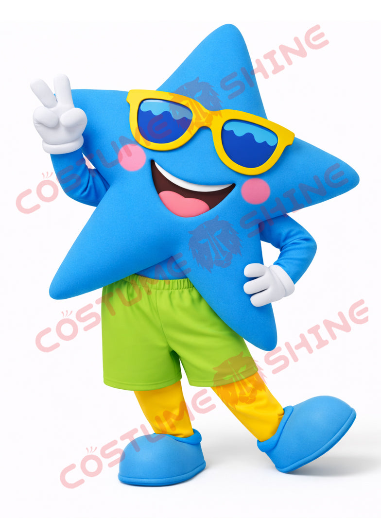 Blue Star Mascot Costume for Adults – Sunglasses Summer Full Body Outfit