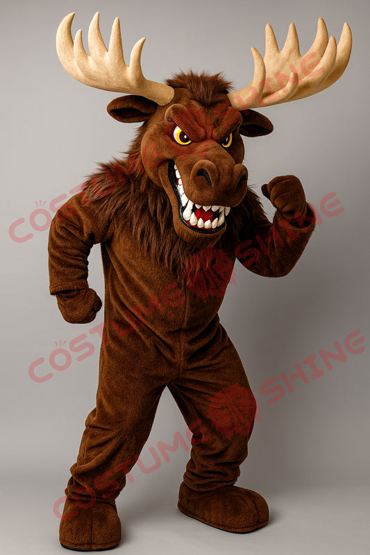 Angry Moose Mascot Costume – Brown Furry Muscular Suit with Antlers