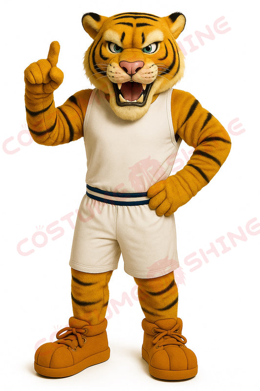 Fierce Striped Tiger Mascot Costume – Orange Cartoon Character in White Athletic Outfit
