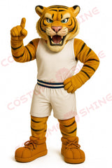 Fierce Striped Tiger Mascot Costume – Orange Cartoon Character in White Athletic Outfit