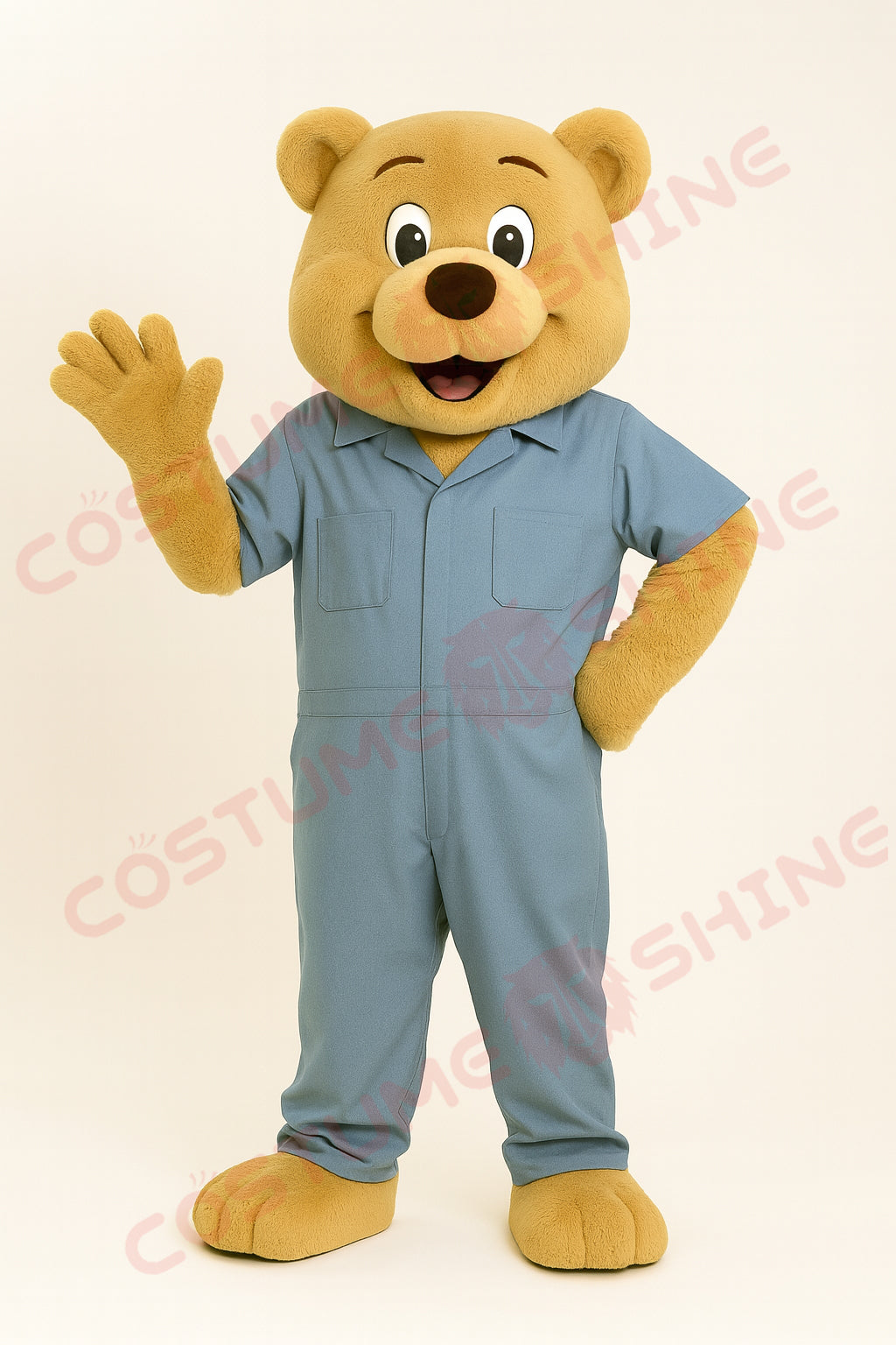 Bear Mascot Costume in Blue Jumpsuit – Friendly Plush Bear Suit for School Teams, Business Events & Parades
