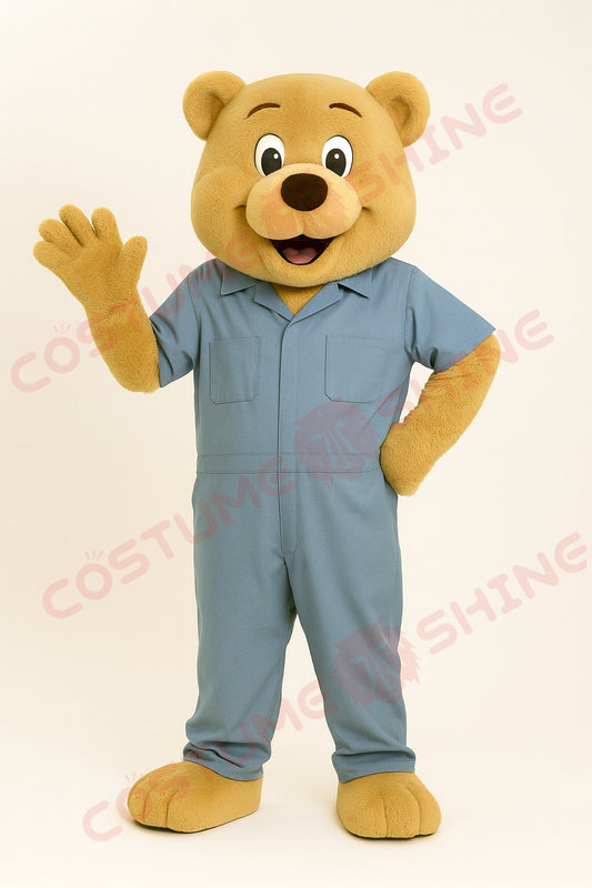 Bear Mascot Costume in Blue Jumpsuit – Friendly Plush Bear Suit for School Teams, Business Events & Parades