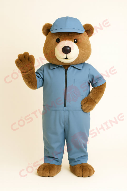Bear Mascot Costume with Blue Jumpsuit and Cap – Friendly Plush Bear Suit for School Events, Sports Teams & Promotions