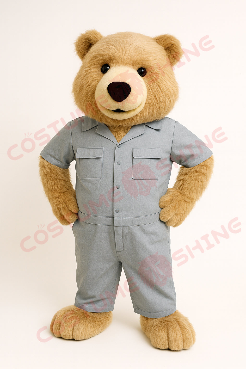 Bear Mascot Costume in Gray Jumpsuit – Friendly Plush Bear Suit for Schools, Sports Teams & Business Events
