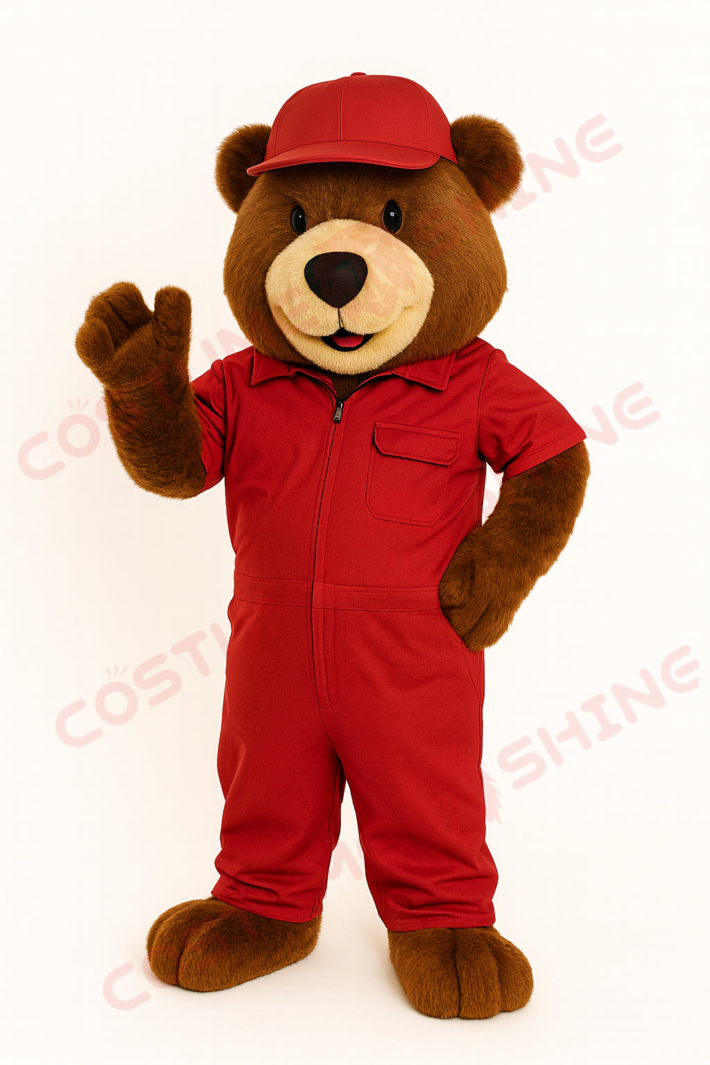 Bear Mascot Costume in Red Jumpsuit with Cap – Custom Plush Bear Suit for Schools, Sports Teams & Brand Promotions