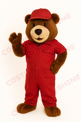Bear Mascot Costume in Red Jumpsuit with Cap – Custom Plush Bear Suit for Schools, Sports Teams & Brand Promotions