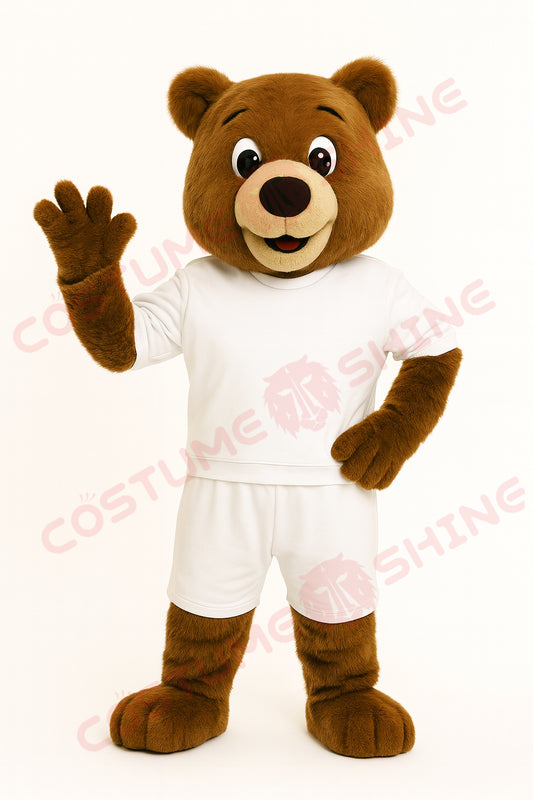 Bear Mascot Costume in White Outfit – Custom Plush Bear Suit for School Sports, Events & Brand Mascots
