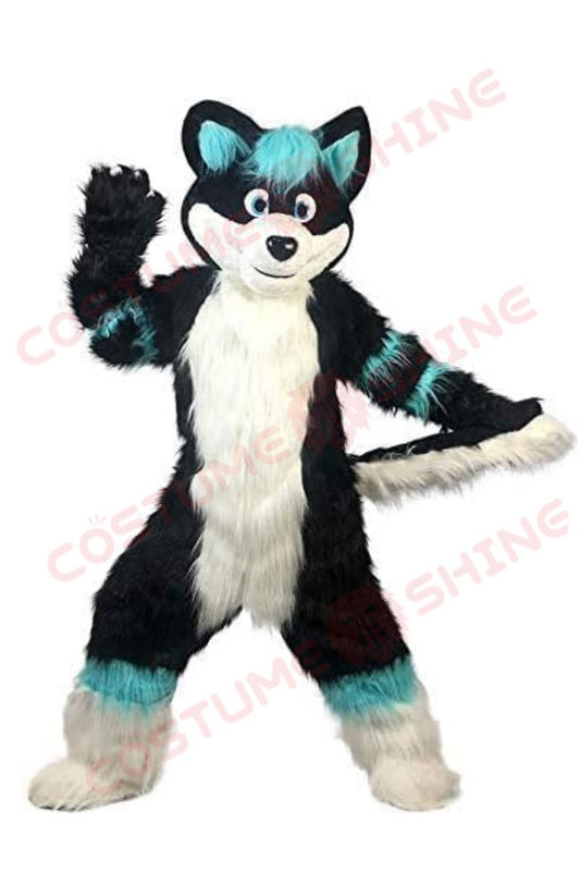Black and Teal Husky Mascot Costume – Customizable Furry Animal Suit for Adults