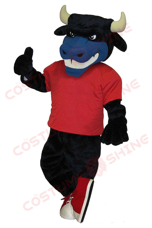 Black Bull Mascot Costume with Blue Face, Red T-Shirt & Horns – Sports & Event Outfit