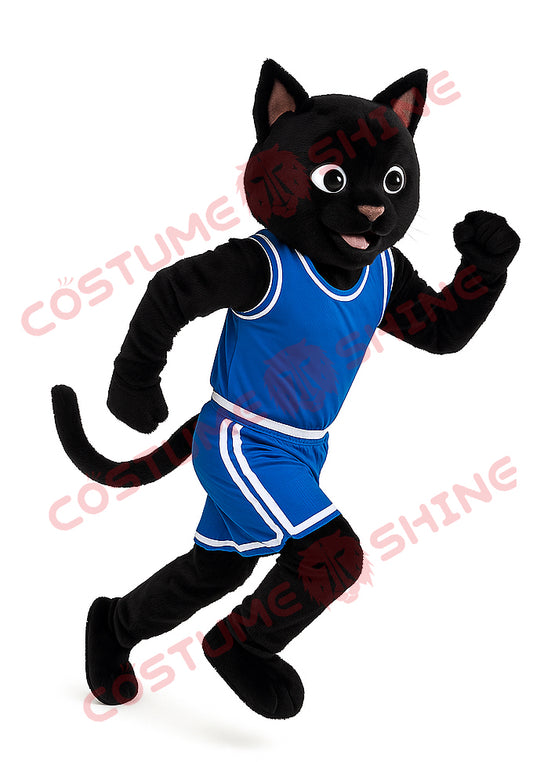 Black Cat Mascot Costume in Blue Basketball Uniform – Running Pose