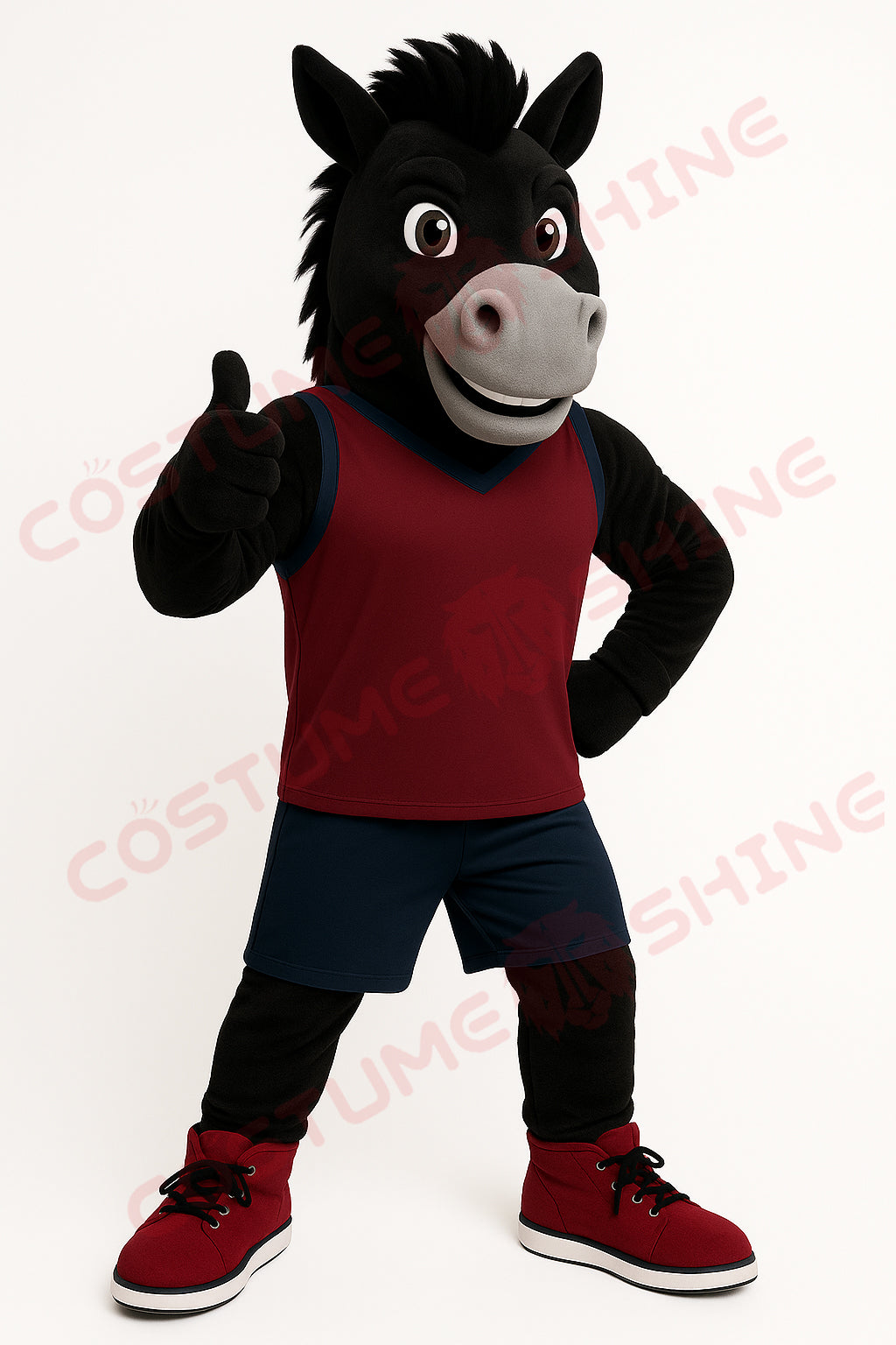 Black Mustang Mascot Costume in Maroon and Navy Sports Uniform | Custom Horse Mascot Suit for School or Team Events