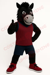 Black Mustang Mascot Costume in Maroon and Navy Sports Uniform | Custom Horse Mascot Suit for School or Team Events
