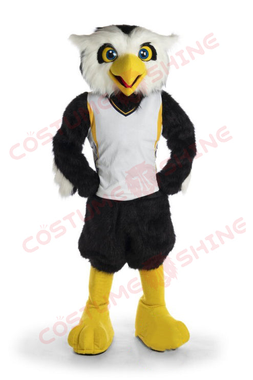 Black Owl Mascot Costume with White Vest & Yellow Beak – Sports & Event Outfit