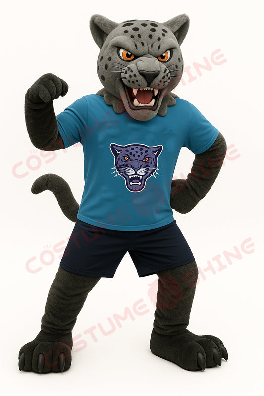 Black Panther Mascot Costume with Blue Shirt – Custom Plush Animal Suit for School, Sports Team, and Event Performance