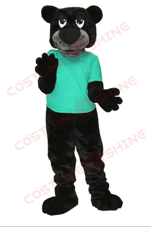 Black Panther Mascot Costume with Green Shirt – Sports, School & Event Outfit