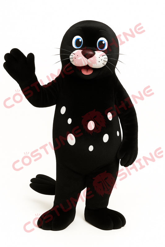 Black Seal Mascot Costume with White Spots – Cute Plush Character Suit