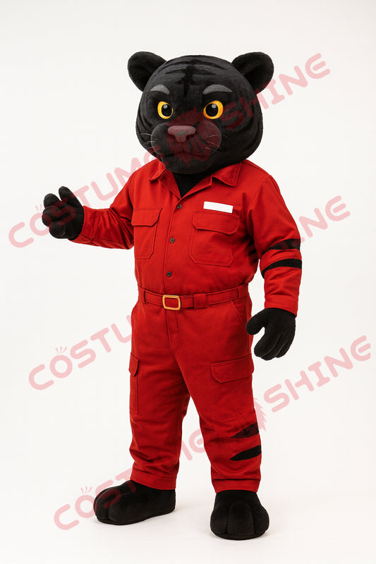 Black Tiger Mascot Costume in Red Work Uniform – Custom Plush Suit