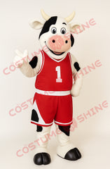 Black and White Cow Mascot Costume in Red Basketball Uniform – Custom Plush Sports Suit