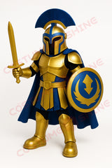 Blue and Gold Knight Mascot Costume with Shield and Sword – Custom School Team Plush Armor Suit