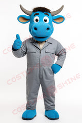 Blue Bull Mascot Costume in Gray Work Uniform – Custom Plush Animal Suit
