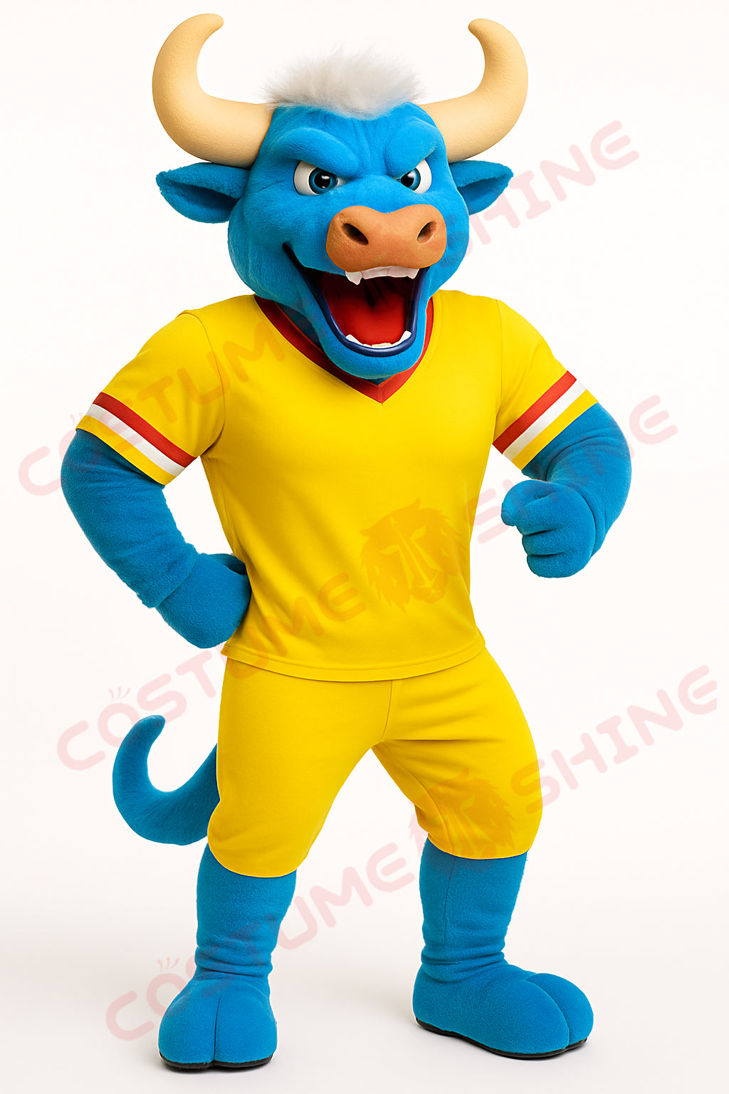 Blue Bull Mascot Costume in Yellow Sports Uniform – Custom Team Outfit for Events