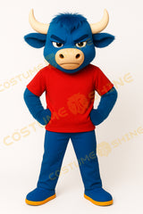Blue Bull Mascot Costume with Red Shirt for School Events